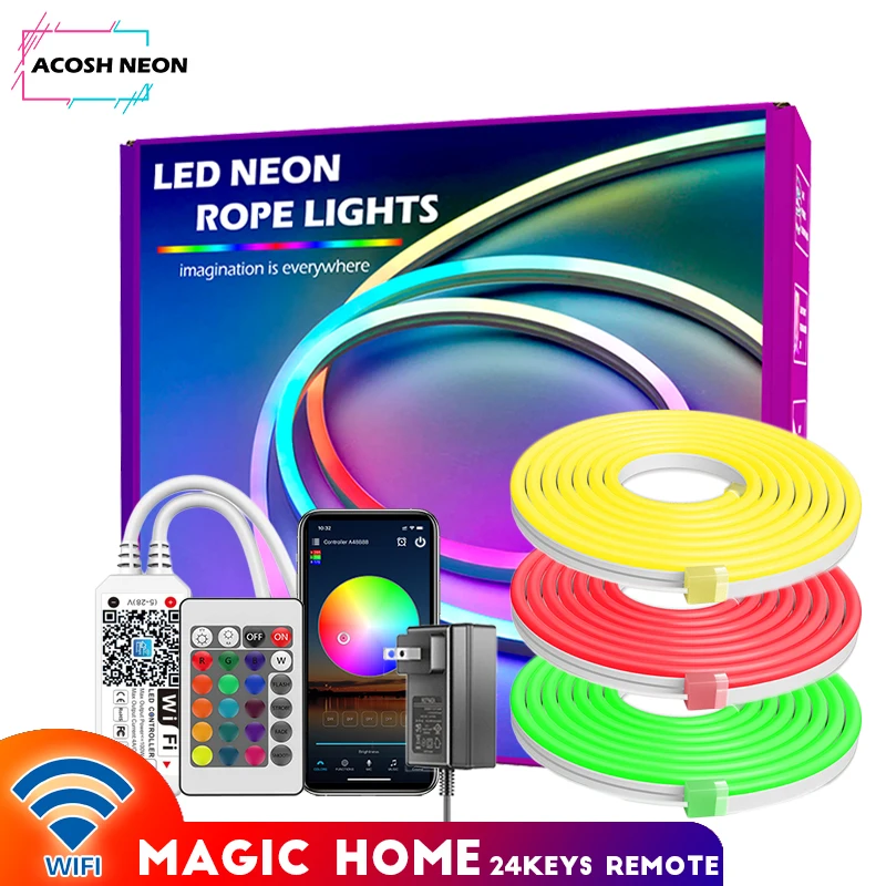 

WiFi RGB Rope Lights with Music Sync 12V 5*11mm Silicone Rope Light Tape Waterproof Dimmable Smart LED Strip Lights For Indoor