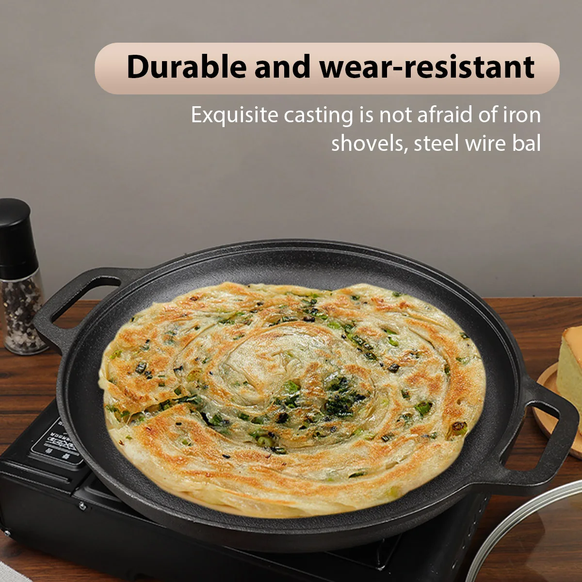 Multifunctional Cast Iron Frying Pan Non-stick Pan for Pizza Barbecue Pancakes Steak Compatible with All Cookers for Home Outdoo