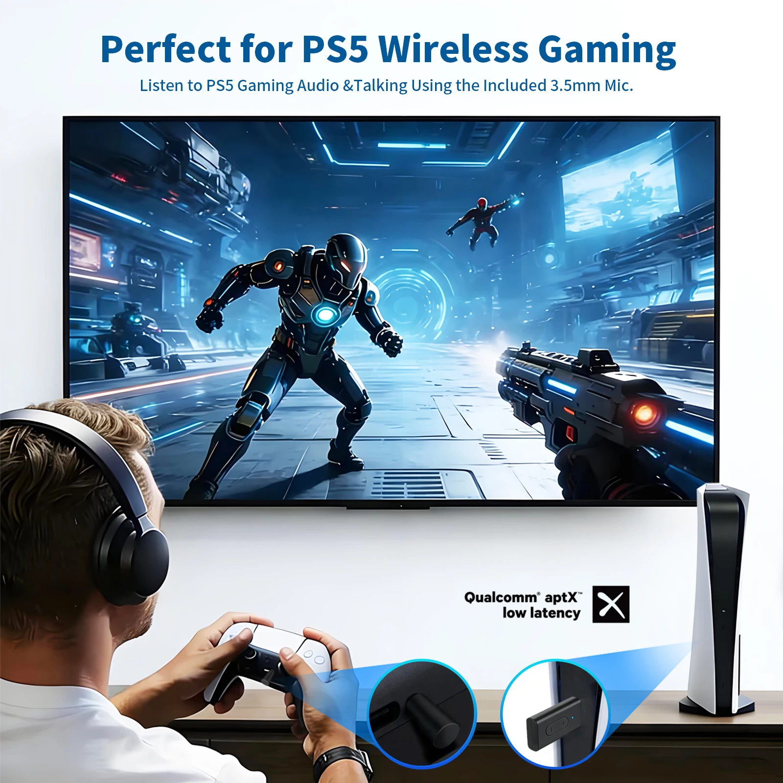 블루투스 5.3 송신기, APTX 적응형 APTX 저지연 듀얼 장치 연결, PS5, PS4, 스위치, PC, TV, 블루투스 헤드폰에 연결