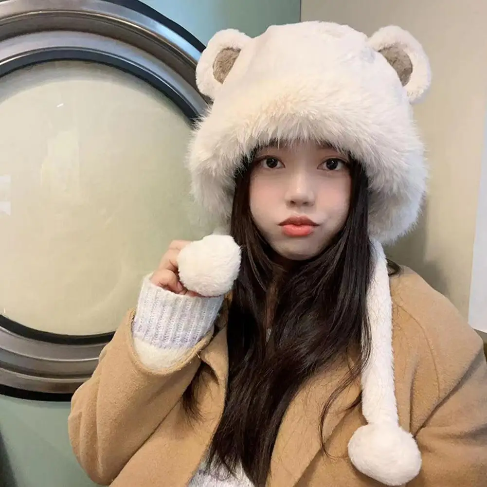 

Плюшевая шапка Kawaii Bear в двух цветах, зимняя утепленная плюшевая шапка, теплая мягкая удобная ветрозащитная шапка для защиты ушей, подарок для девочек