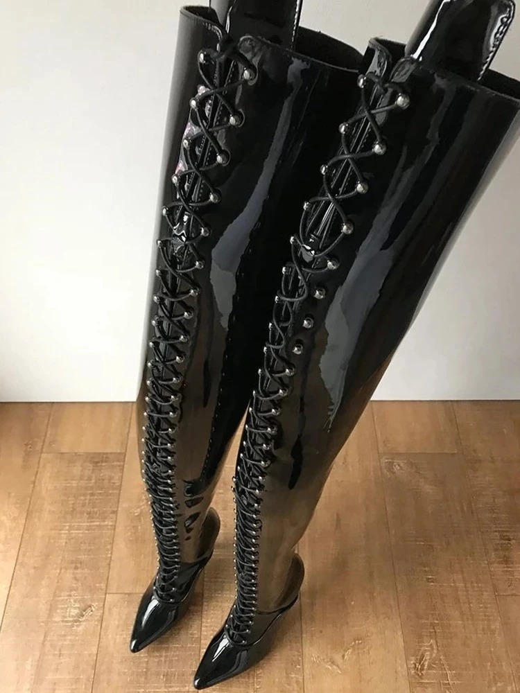 Crotch Hard Shaft Lace up Boots High Heel Stiletto Black Patent Leather Pointed Toe Long Shaft Shoes Women Winter Runway Stage