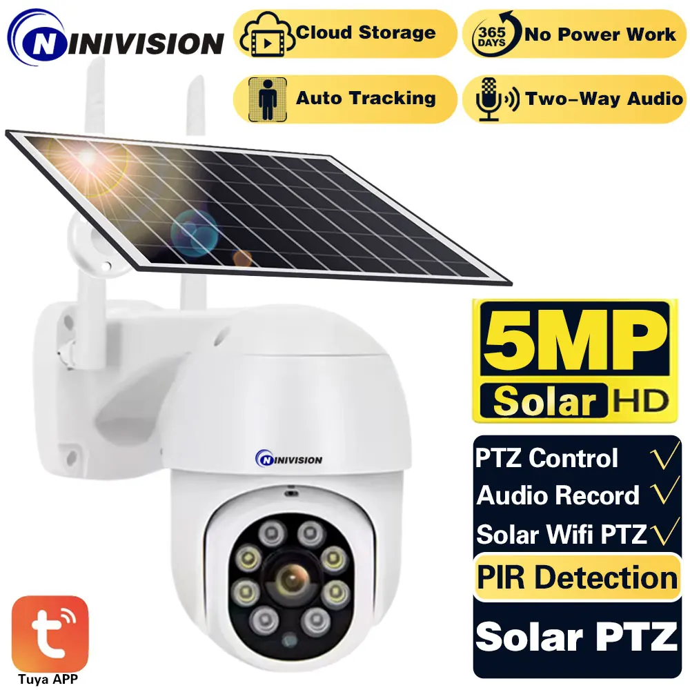 Tuya Smart Solar Ptz Ip Camera Outdoor Wifi Dome 5Mp Hd 360 ° Videosorveglianza Wireless Low Power Long Time Standby Home Camera
