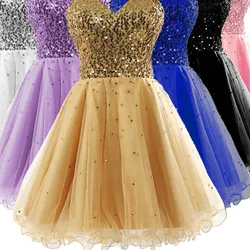 Short Sequin Tulle A Line Strapless Sweetheart Knee Length Bridesmaid Dresses Wedding Party Prom Homecoming Birthday Cocktail