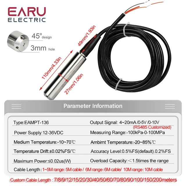 Capteur Niveau D'eau SEAFRONT - Acier Inoxydable 304, Haute Précision 0.1% FS, étanche IP68, Plage 0-10m, Sortie 4-20mA