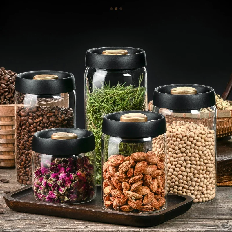 

Glass Bottle Storage Tank Food Grains Container Can Mason Jar Transparent Vacuum Coffee Beans Storage Bottles Creative Sealed