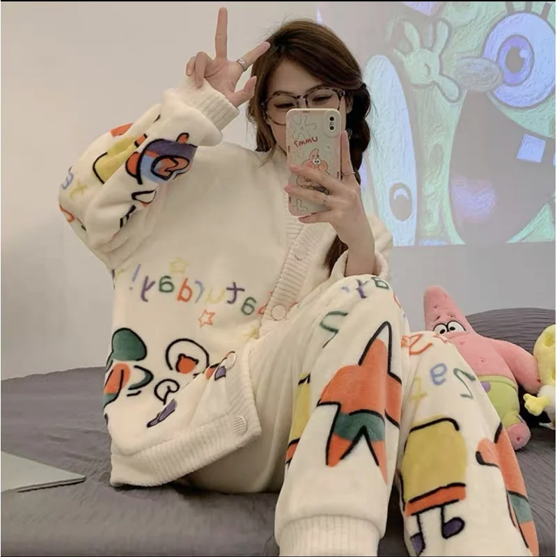 Women's Pajamas Autumn and Winter Coral Fleece Thermal Pajamas Flannel Long Home Wear Long Sleeve Trousers Suit Women's