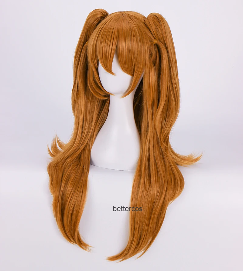 Hochwertige EVA Asuka Langley Soryu Cosplay Perücken lang orange mit 2 Pferdeschwanz-Clips hitzebeständige Kunsthaar-Perücke + Perückenkappe – Detail 2