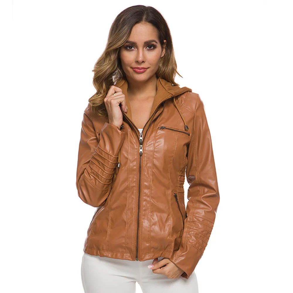 

Hooded zipper long sleeved solid color women's leather jacket