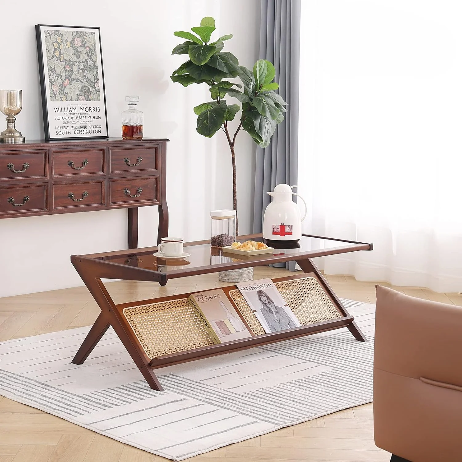 Coffee Table, Glass Nightstand Side Table, Boho Wooden End Table with Storage for Living Room,Dining Room, Tea 4