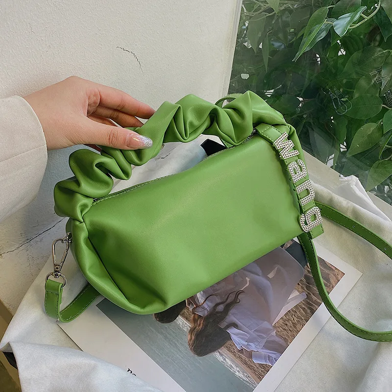 New Ladies Casual Shoulder Crossbody Handbag Pleated Twinkling Diamonds Solid Color PU Leather Purse Bag for Women