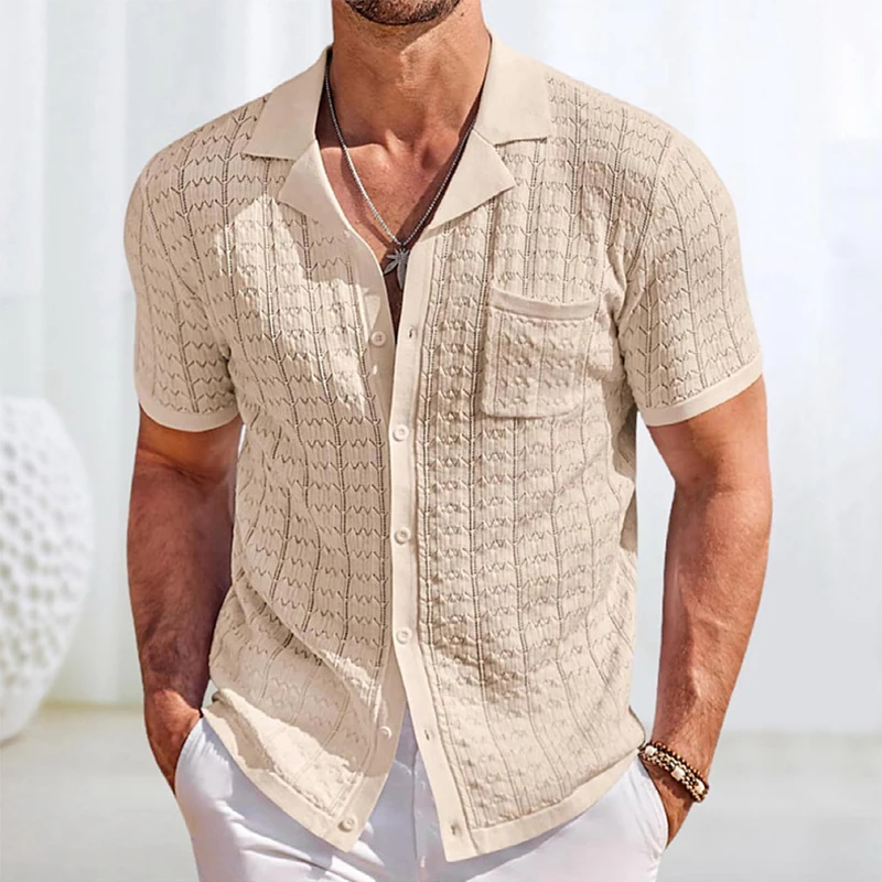 Mens Knitted Short Sleeve Shirts Vintage Texture Casual Breathable