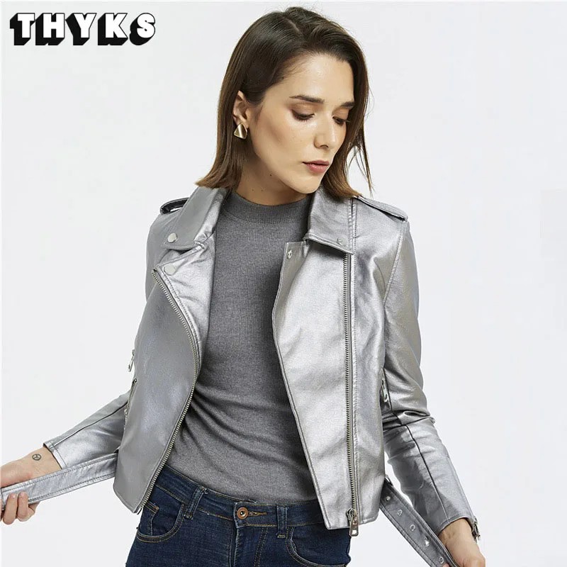 Women Faux Leather Jackets Lady Glossy Silver PU Solid Color Motorcycle
