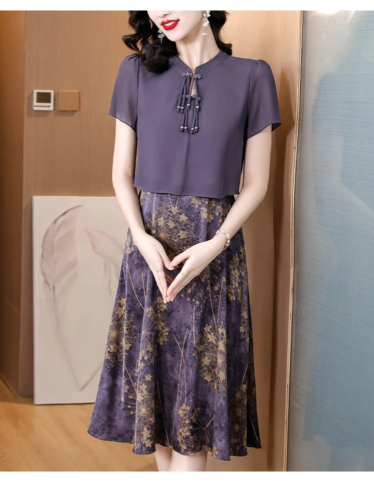 

2023 фиолетовое шелковое платье с принтом, с коротким рукавом, с круглым вырезом, в стиле ретро, большие вставки из двух частей, приталенное летнее Модное Длинное Платье