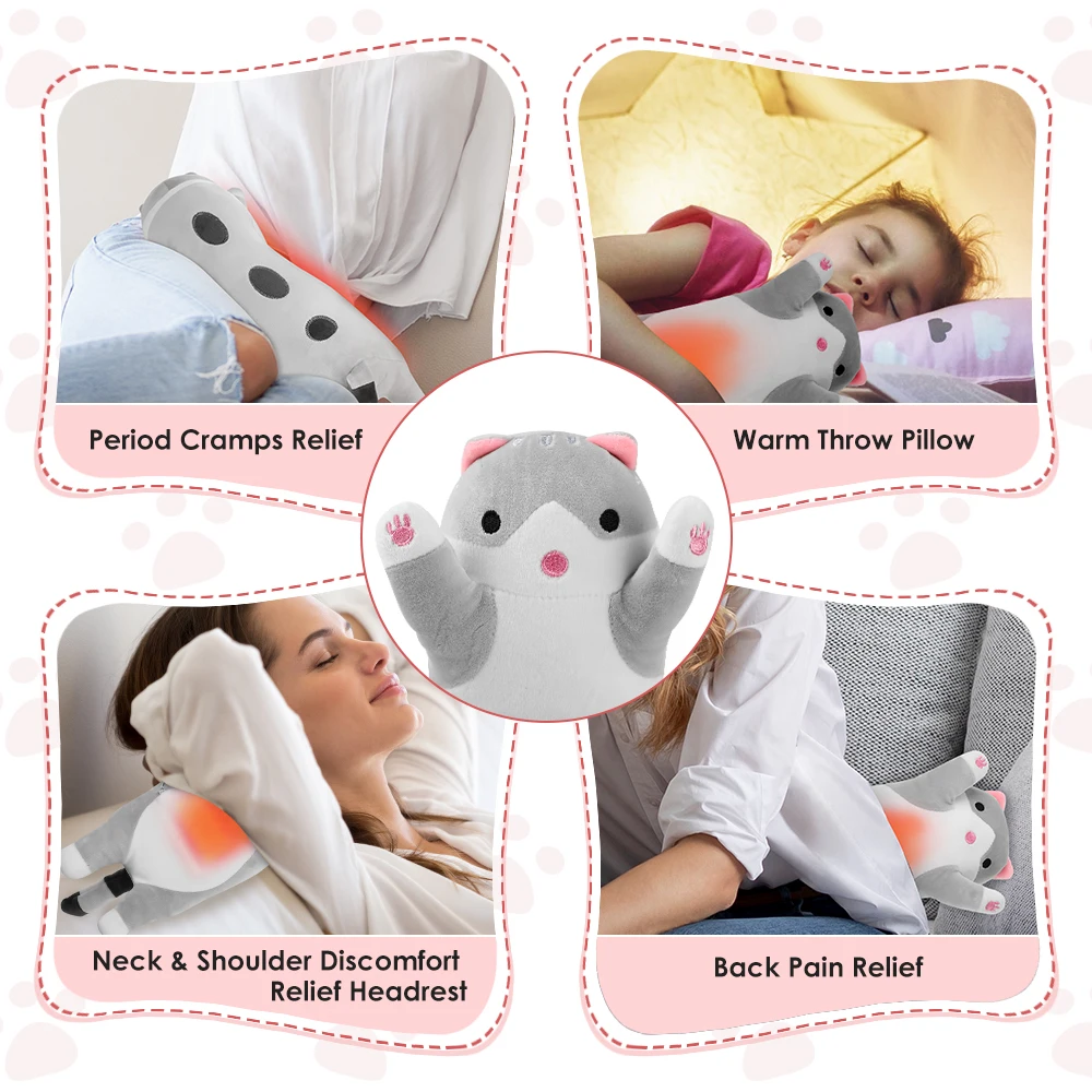 USB Heated Cat Shaped Plush Pillow 5-Level Heating Cute Animal Throwing Cushion for Back Neck Shoulder Warmth