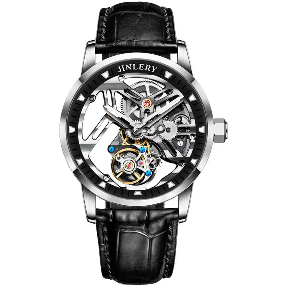 JINLERYRealTourbillonMechanicalHandWindWatchMenStainlessSteel