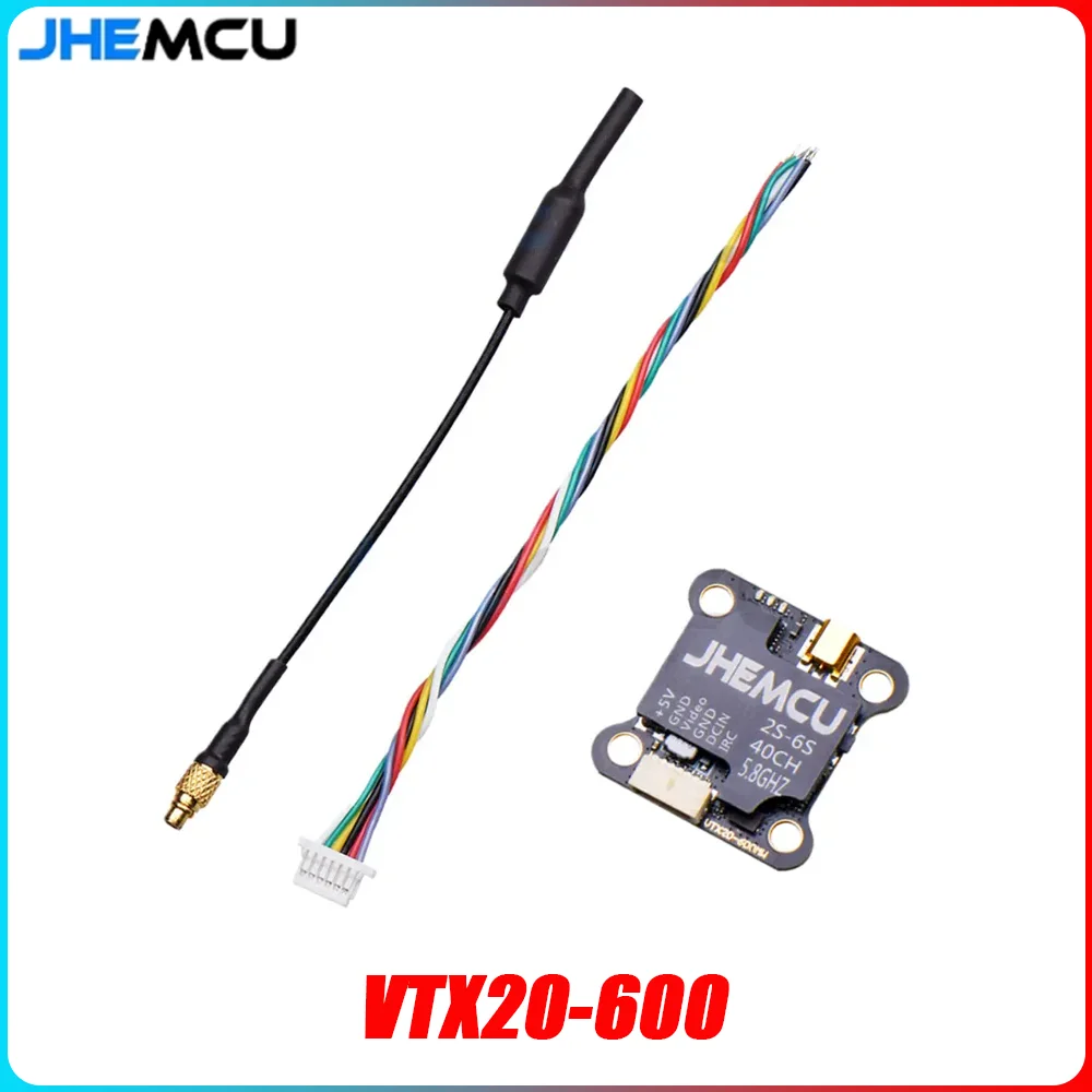 JHEMCU VTX20-600 Émetteur Vidéo FPV 5.8G 600MW 40CH monté sur un drone mini quad avec antenne et câbles.