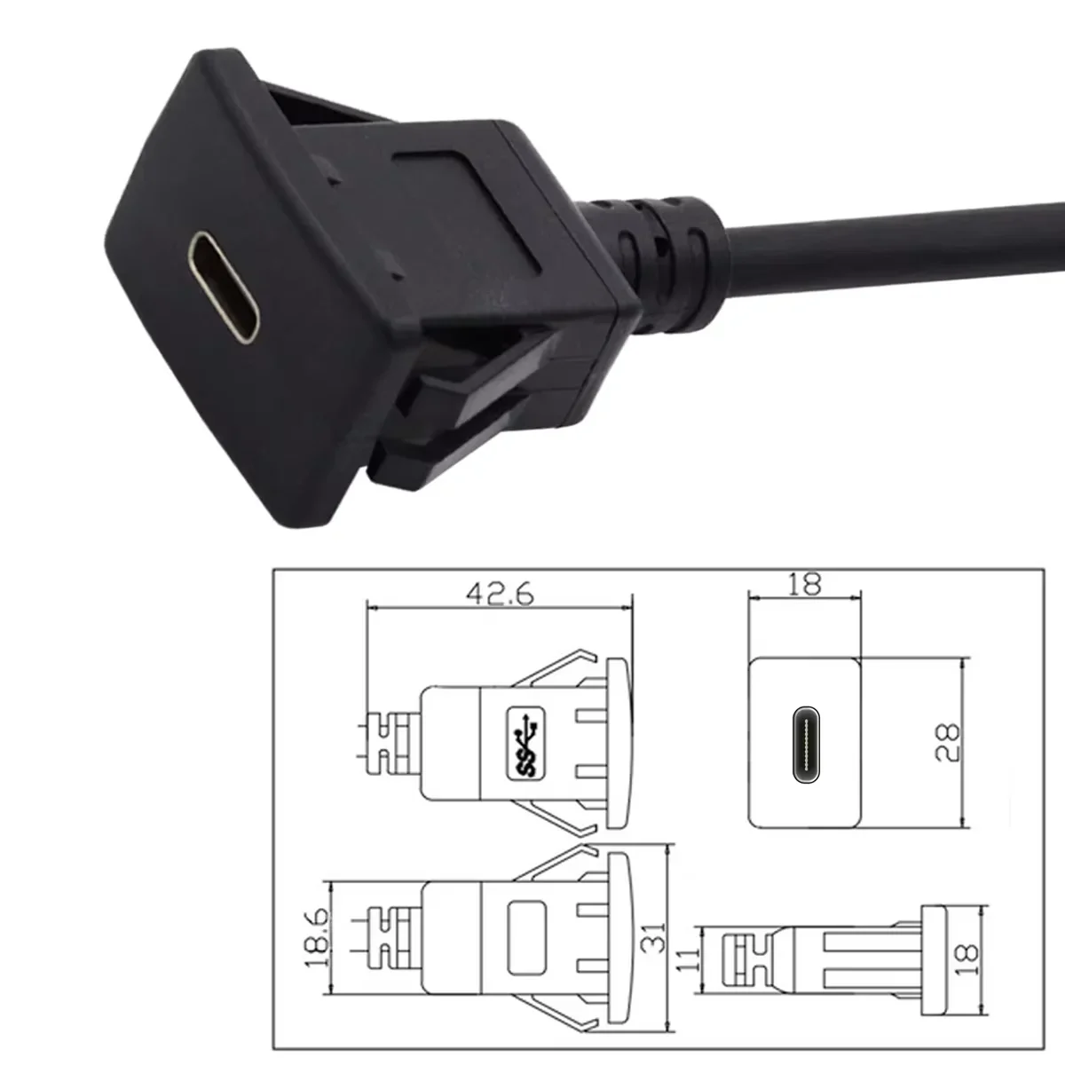 1M 정사각형 유형 C 패널 케이블 USB 2.0 유형-C 남성-C 여성 플러시 마운트 연장 코드 자동차 트럭 보트 오토바이 대시 보드