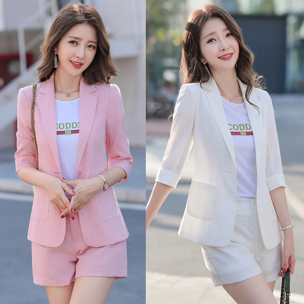 Ladies Pink White Half Sleeve Blazer Office Uniform Styles  Formal Women Business Suits Shorts and Jackets Sets deconstruction of the multi button blazer jacket knight uniform blazer jacket