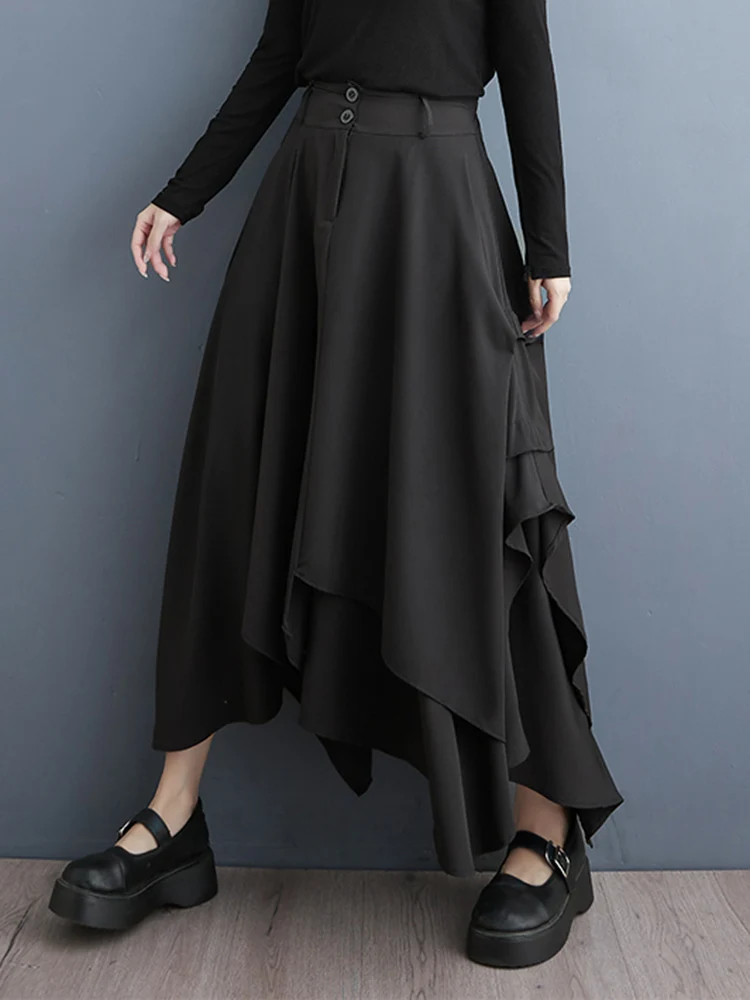 Black Vintage High Waist Asymmetrical Skirt Women New Korean Loose Casual Midi Skirts Fashion Elegant Clothes Summer Autumn 2025