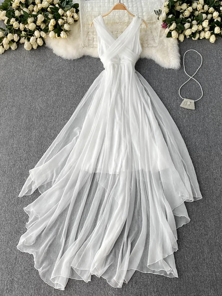 

White/Brown Sexy Chiffon Long Dress Women Summer Deep V-Neck Irregular Bandage Floor-Length Vestidos Vacation Beach Robe M768