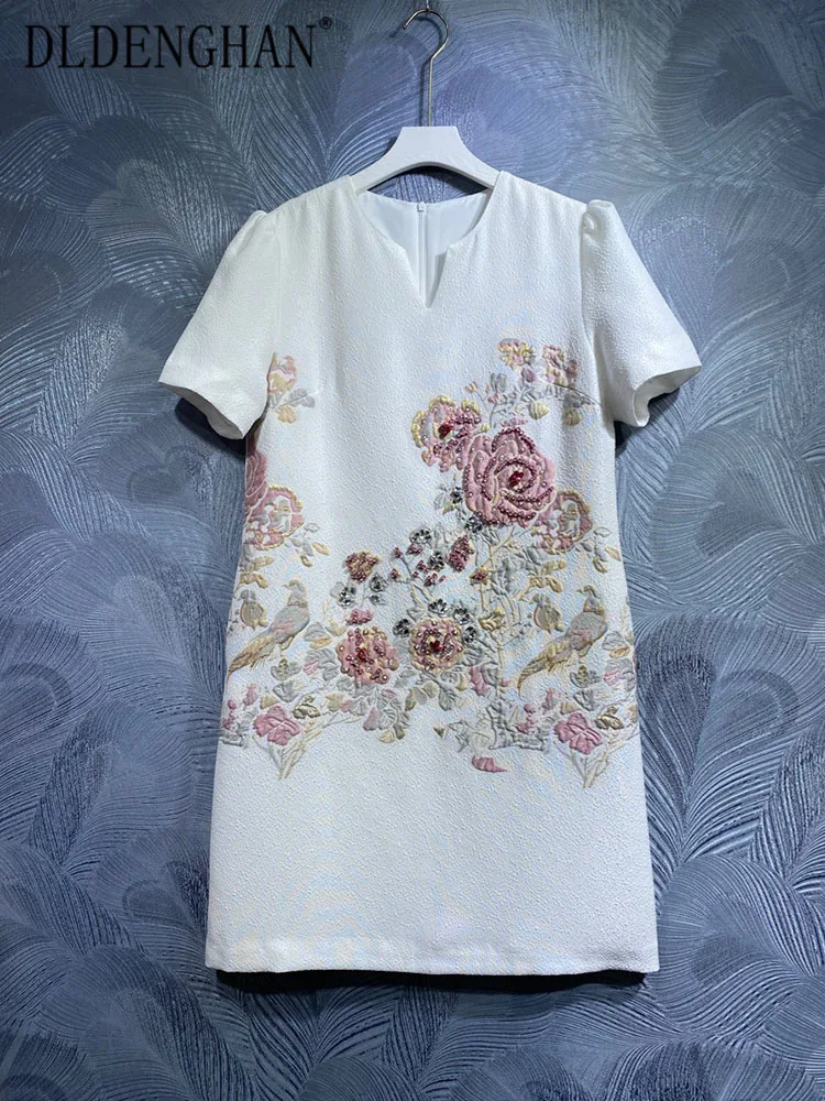 

DLDENGHAN Spring Summer Jacquard Dress Women V-Neck Short Sleeve Crystal Beading Elegant Party Mini Dresses Fashion Runway New