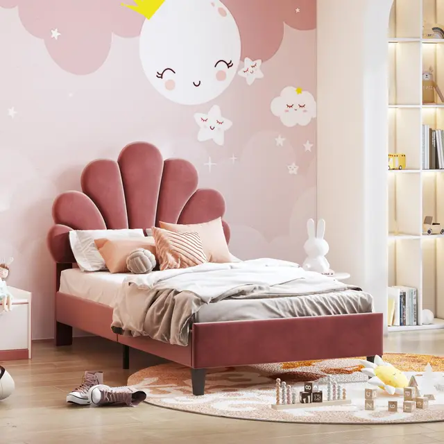 Rosahwnda Lit simple pour enfants 90/140x200 cm, lit double, tête de lit fleurie réglable en hauteur, lit rembourré pour filles, sans matelas 1