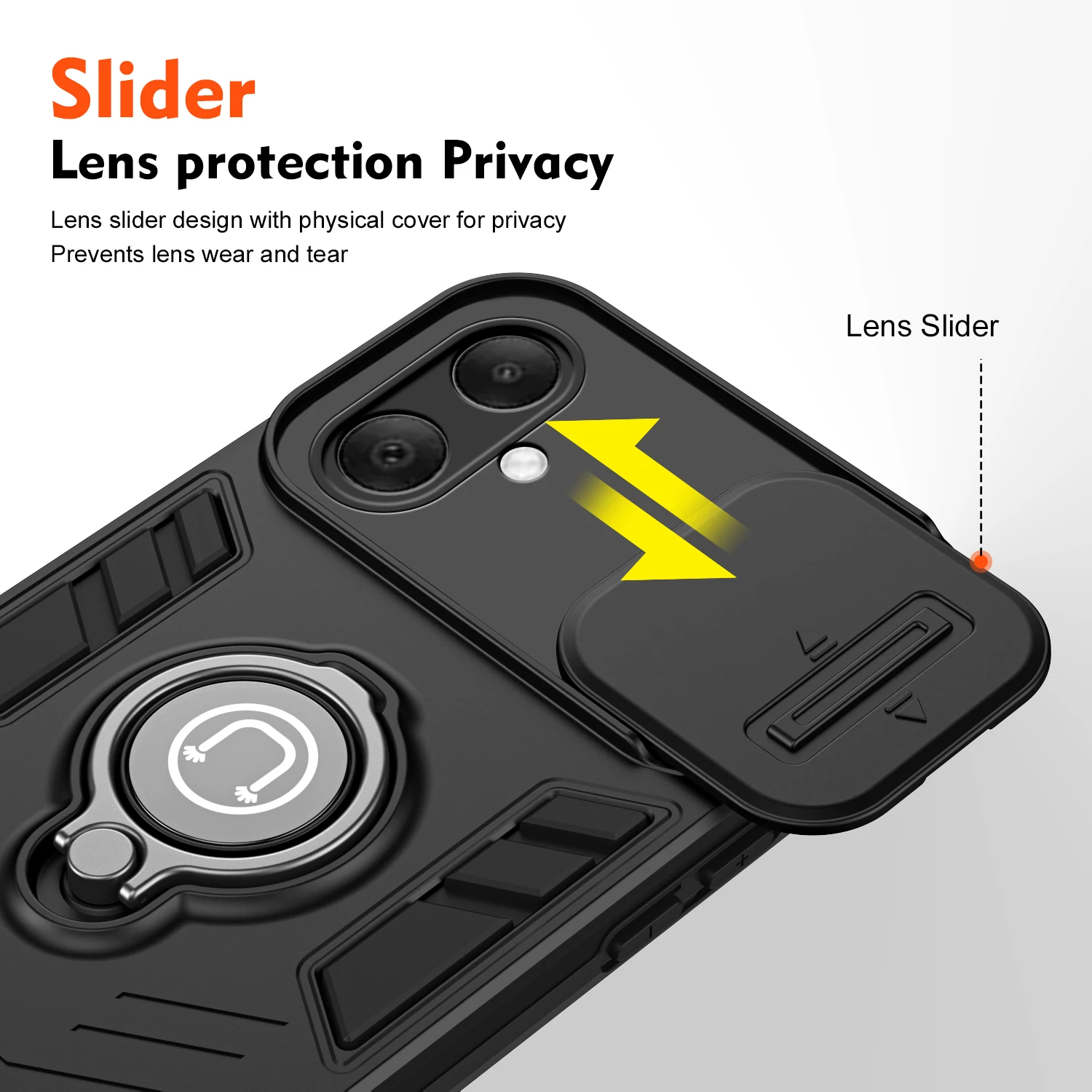 Rugged Armor Shockproof Phone Case with Sliding Window and Metal Ring Holder