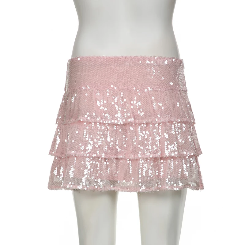 Darlingaga Sweet Pink Sequined Party Skirt Women Korean Fashion