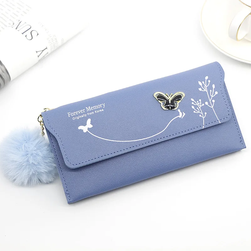 Elegant Women's Solid Color Fur Ball Wallet - PU Leather Long Wallet with Butterfly Card Holder Purse