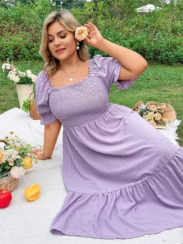 Plus Size Women's Pure Color Wrap Ruffle Hem Midi Dress Square Neck Backless Short Sleeve Dress Elegant temperament 1
