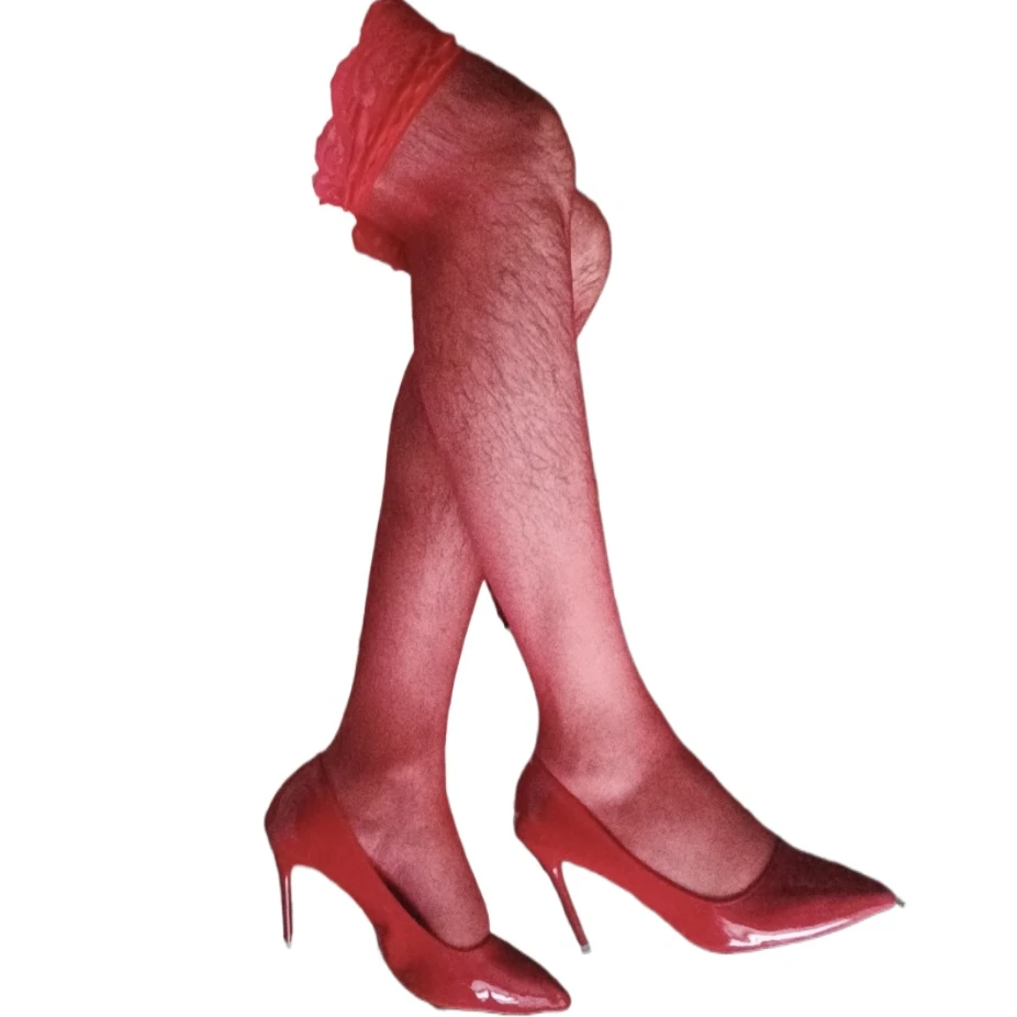 Male Fetish Stockings Red Lace Top Over Knee Men's Stocking Erotic Hosiery Transparent Stockings Man Underwear Sex Hombre Medias