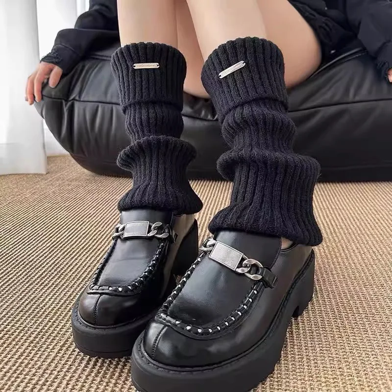 Fashion Knitted Black White Leg Warmer for Women Metal Label Socks Y2K Girls Lolita Cute College Style Heap Socks Leg Covers