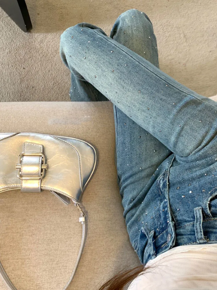 

Женские узкие расклешенные брюки, модные узкие джинсы с необработанными краями в Корейском стиле ретро, синие модные эластичные джинсовые брюки с высокой талией