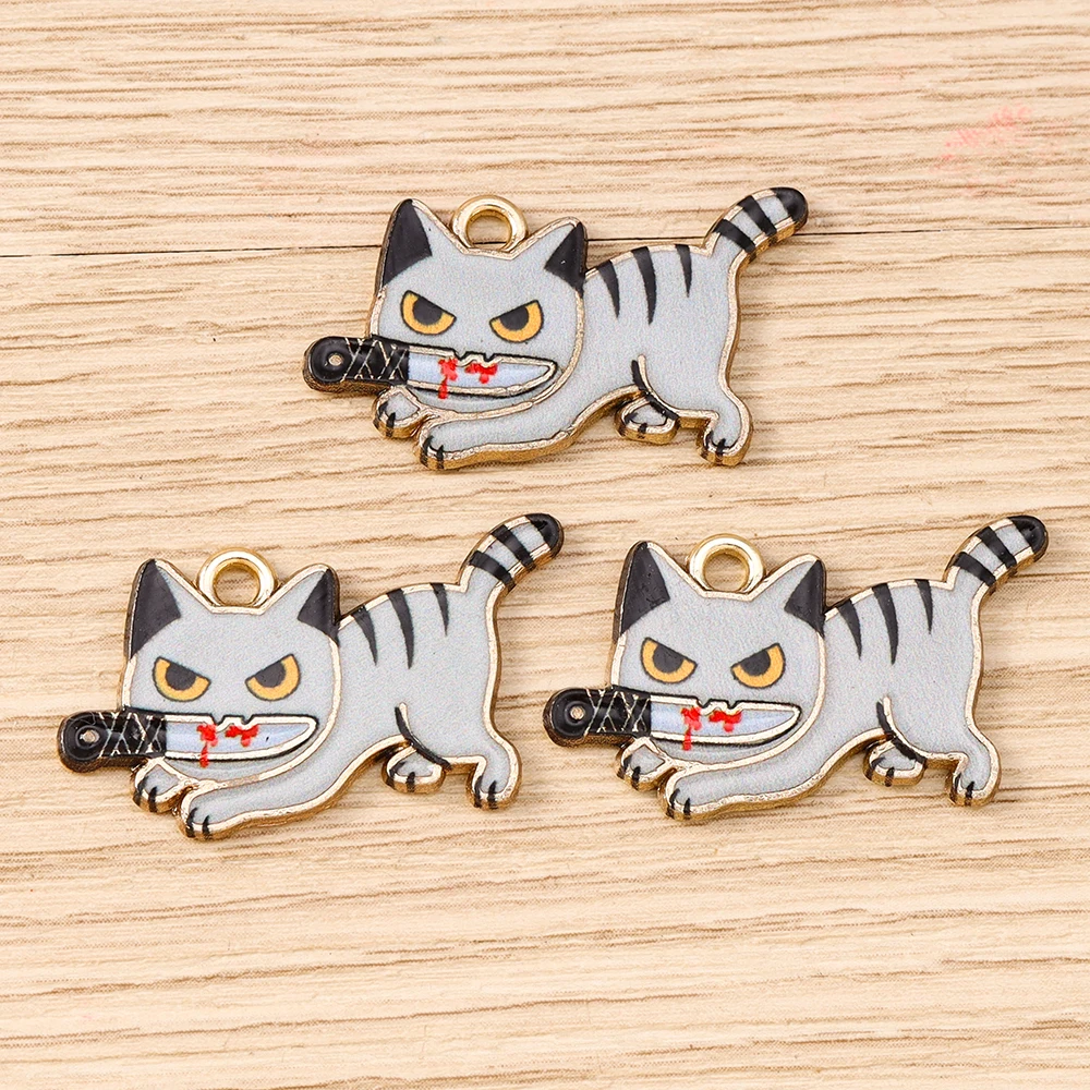 Tusember 10 Stück Niedliche Emaille-Halloween-Messer-Katzen-Anhänger für Schmuckherstellung DIY Gruselige Halloween-Anhänger Halsketten Armbänder Bastelarbeiten – Detail 5
