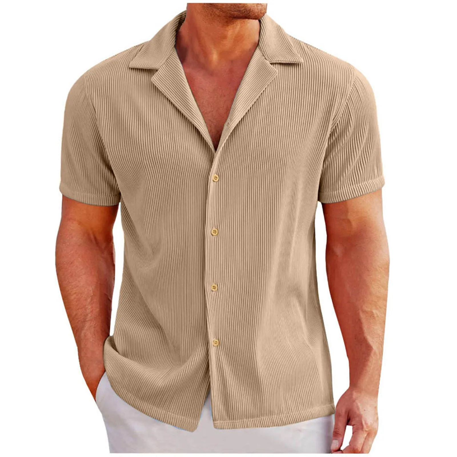 Camisetas con botones para hombre, Camisa cubana de manga corta, Camisa de playa ajustada de punto, verano, 2024