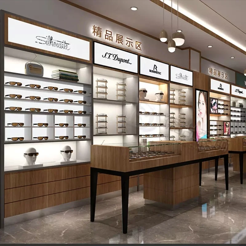 

custom，Wooden Sunglasses Shop Display Cabinet Optical Display Showcase with Led Lights Optical Shop Furniture Design