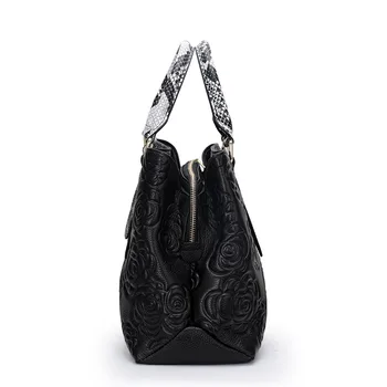 Aidrani Women's luxury leather handbag, large capacity black, with floral and snake pattern design, 3