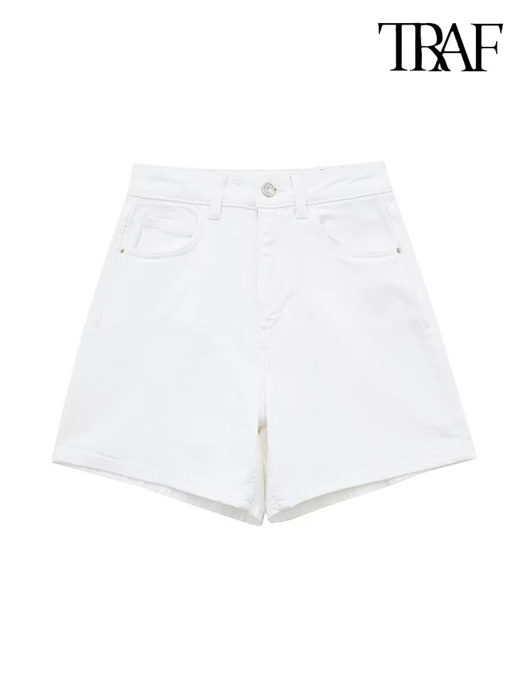 TRAFZA Women's Blue High Waist Denim Shorts Button Closure Jeans Summer Casual Comfortable Shorts Fashion Vintage Women's Pants