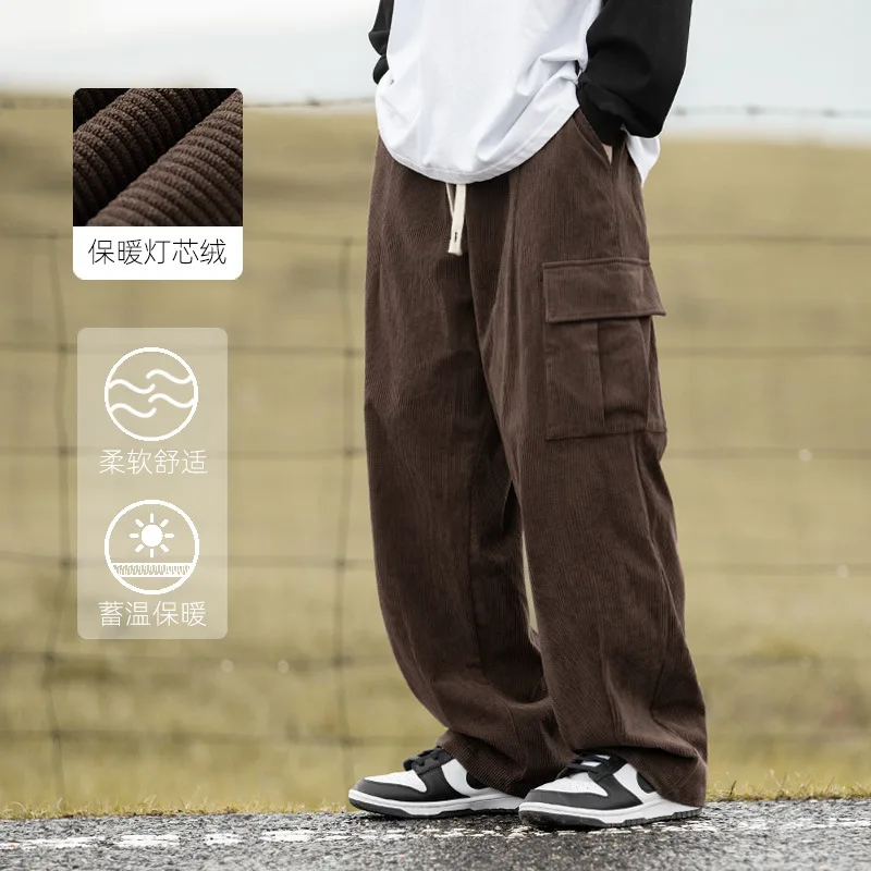 

HOUZHOU Corduroy Cargo Pants Men Streetwear Black Cargo Trousers Male Hip Hop Harajuku Brown Loose Japanese Vintage Korean