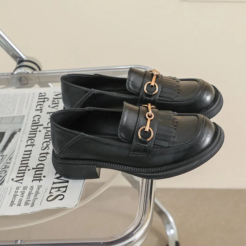 New Arrival Women Thick Bottom Loafers Soft Leather Slip On 3cm Womens Chunky Heel Women Tassel Loafer Fashion Party Prom Shoes