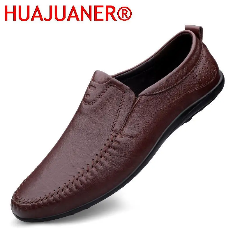 

New Handmade Leather Loafers Mens Shoes Casual Slip on Driving Shoes Genuine Leather Breathable Business Shoes Flat Summer Shoes