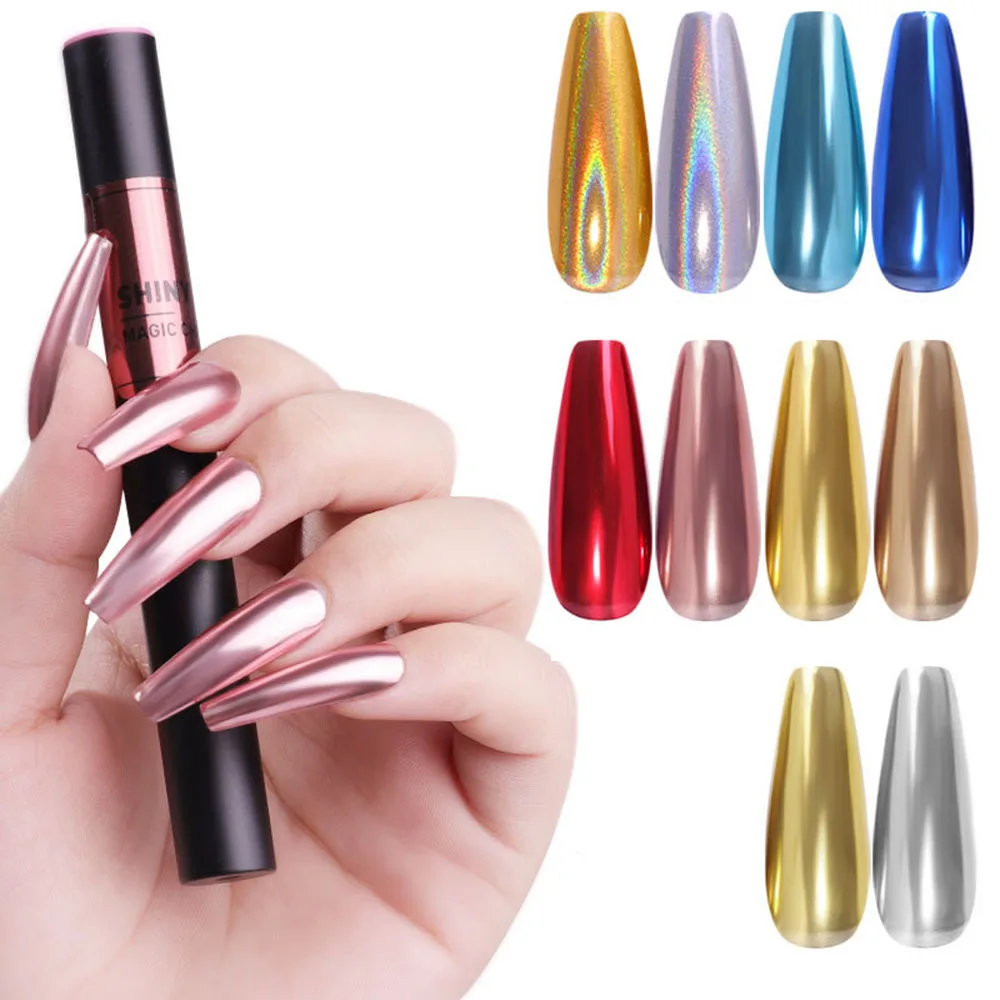 11 Colors Chrome Nail Powder Air Cushion Pen Nail Art Design Holographic Powder Sponge Brush Mirror Effect Polish Pens