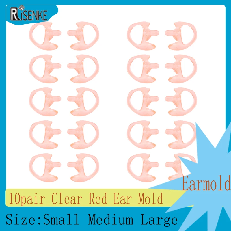 Air Acoustic Coil Tube Audio Insert Kit, Clear Red Ear Mold, Earmold Earbud, Small, Medium, Large, Left Right, 10Pair