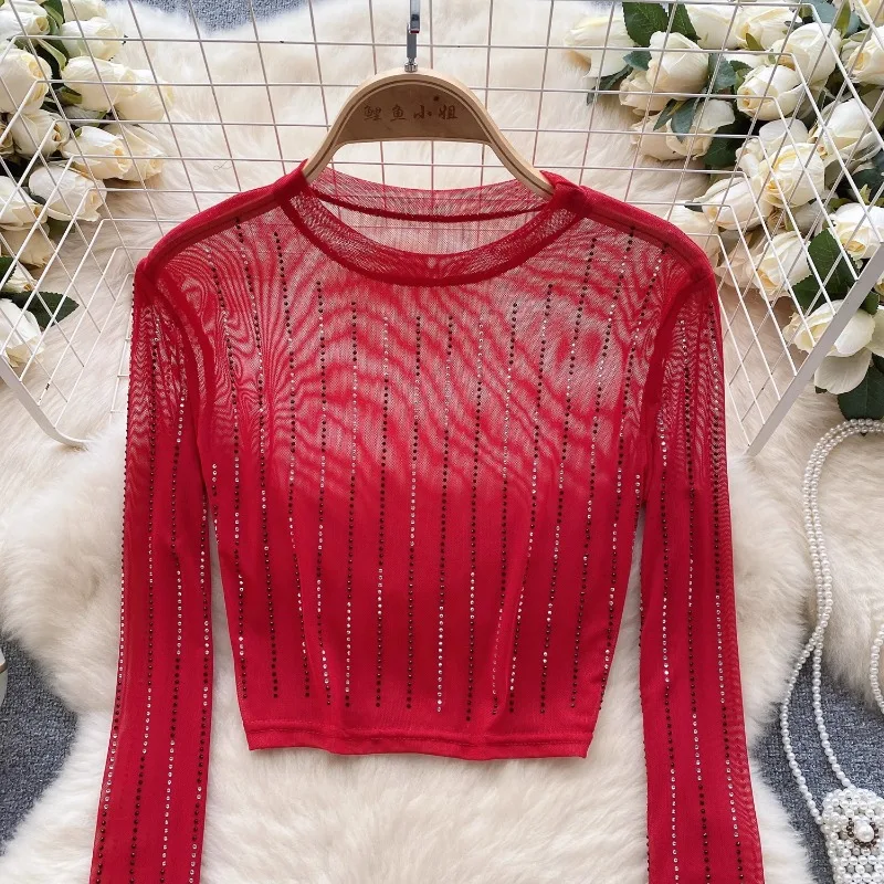 Women Chic Gauze Mesh Sheer O-neck Long Sleeve Rhinestone