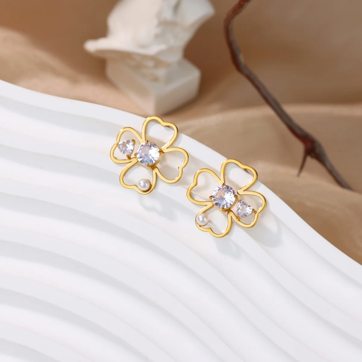 Hollow Four Leaf Stud Earrings for Women Gold Zircon Stainless Steel
