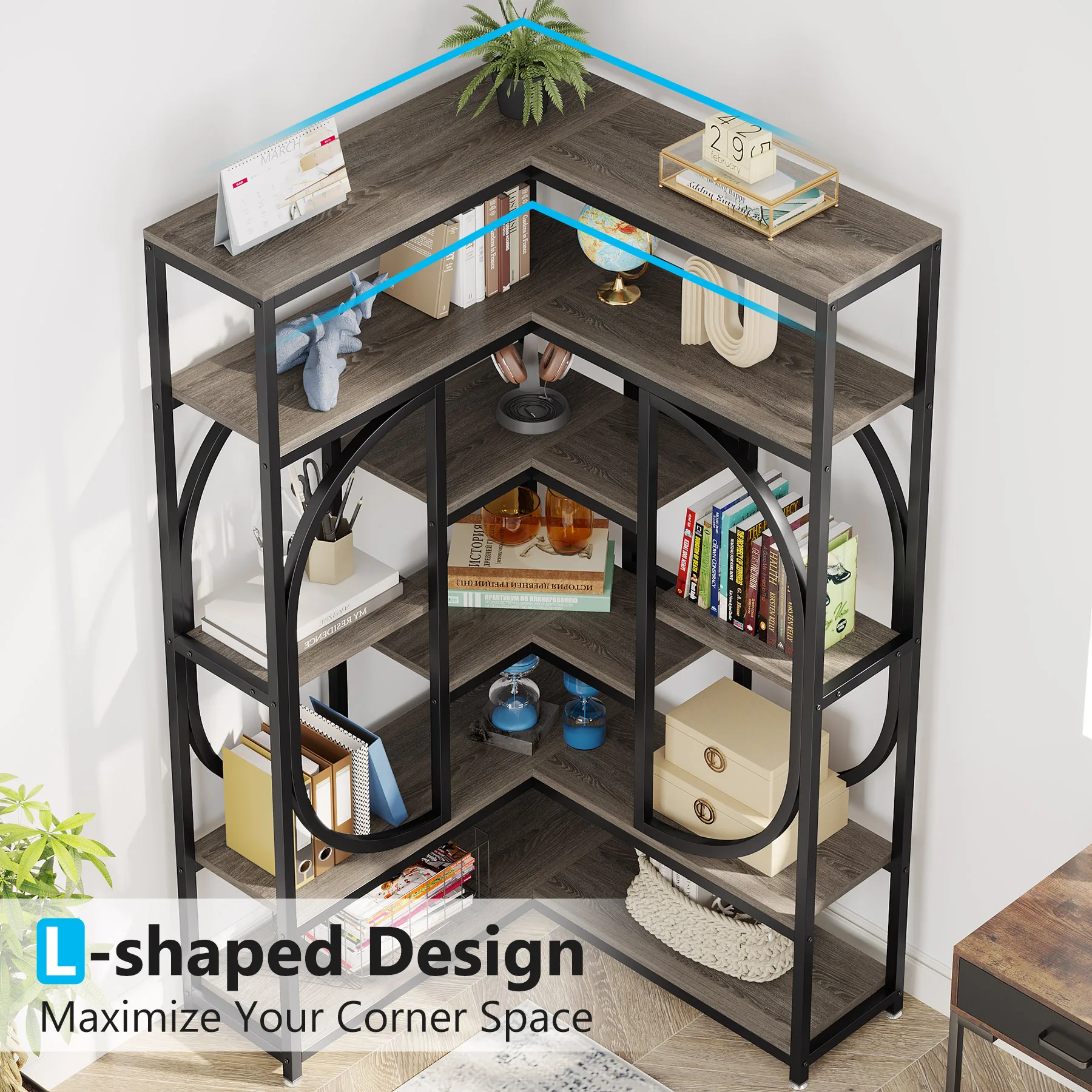 Tribesigns 7-Shelf Corner Bookshelf Large Modern Corner Bookcase Tall L-Shaped Shelf Stand Display Rack