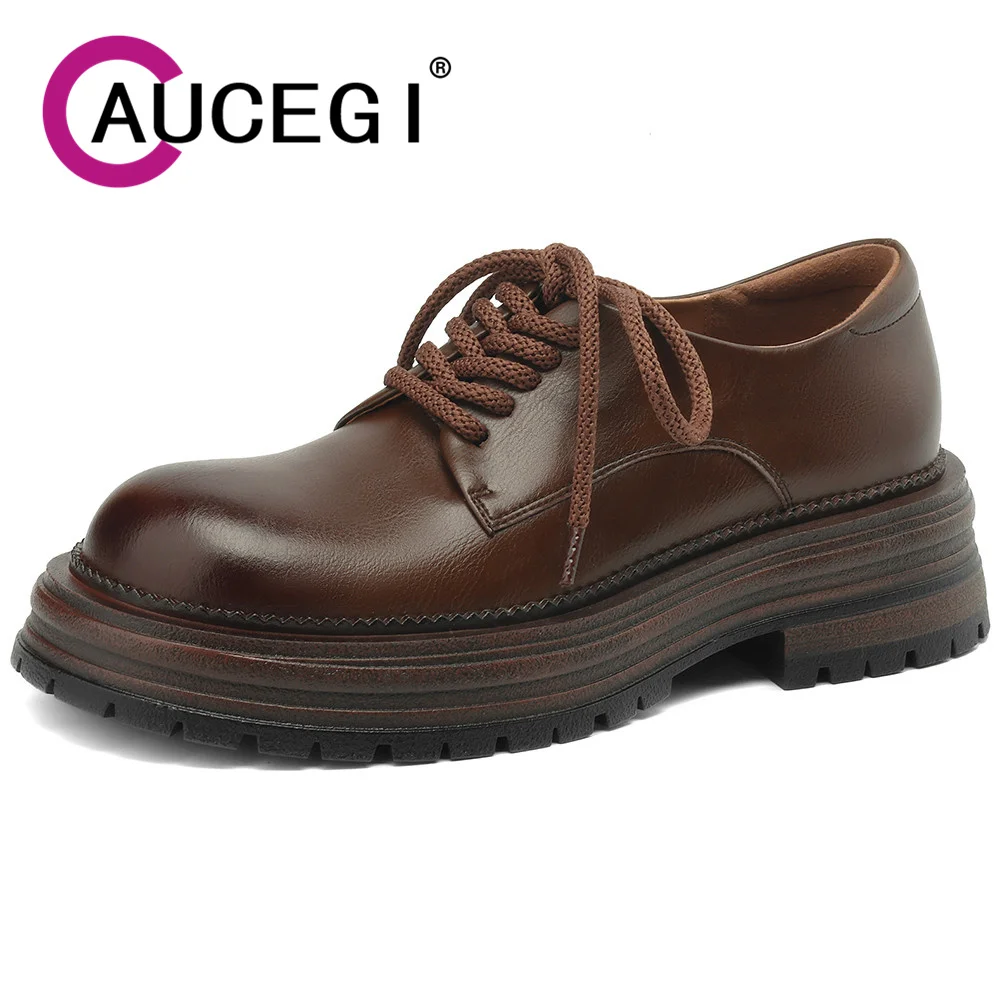 

Aucegi Women Genuine Leather Pumps Platform Thick Heels Round Toe Loafers Lace Up Classic Style Spring Autumn Shoes Brown Black