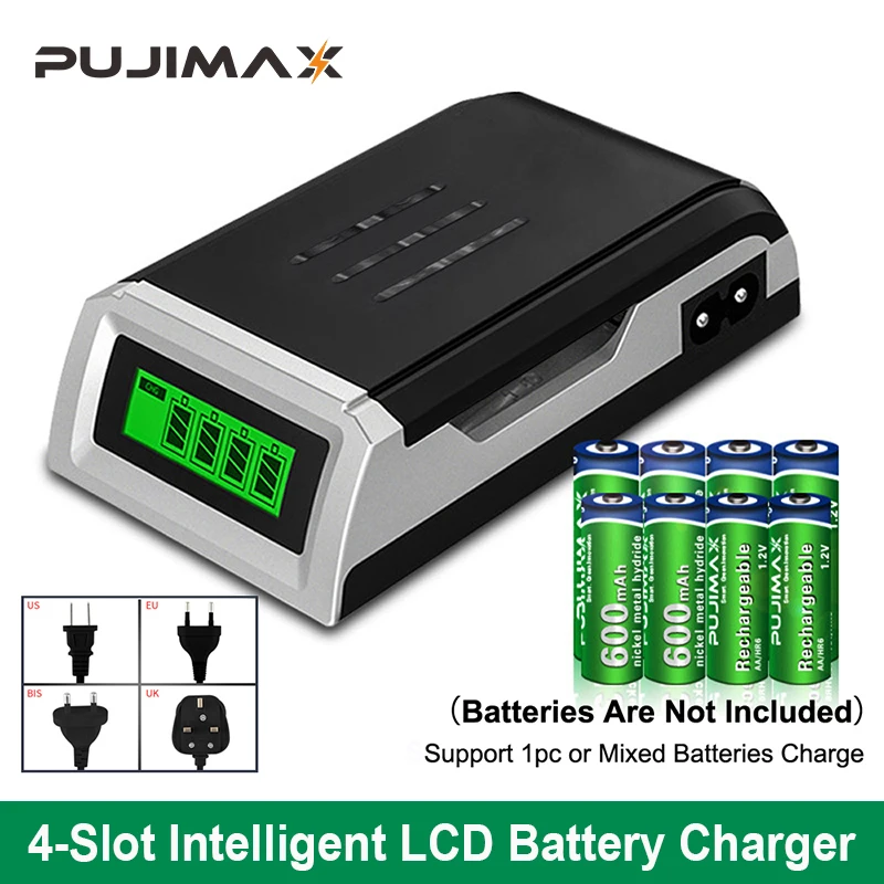 

PUJIMAX 4 Slots Smart 1.2V Battery Charger With Charging Cable LCD Display For AA/AAA NiMH NiCd Rechargeable Batteries Adapter