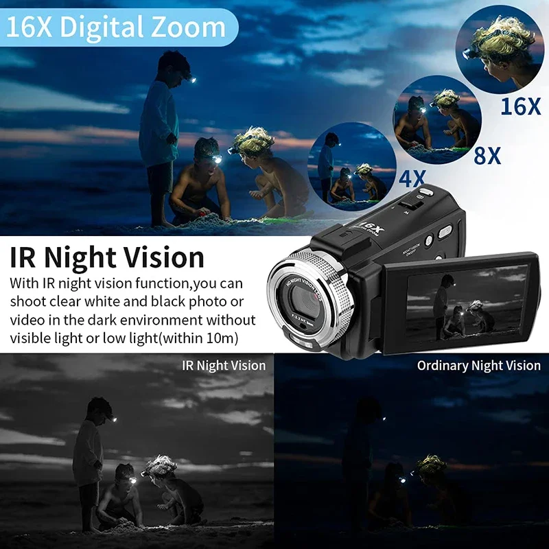 비디오 카메라 풀 HD 1080P 디지털 캠코더 오드로 V12 적외선 야간 투시 홈 유즈 카메라 유튜버 초보자 브이로그용