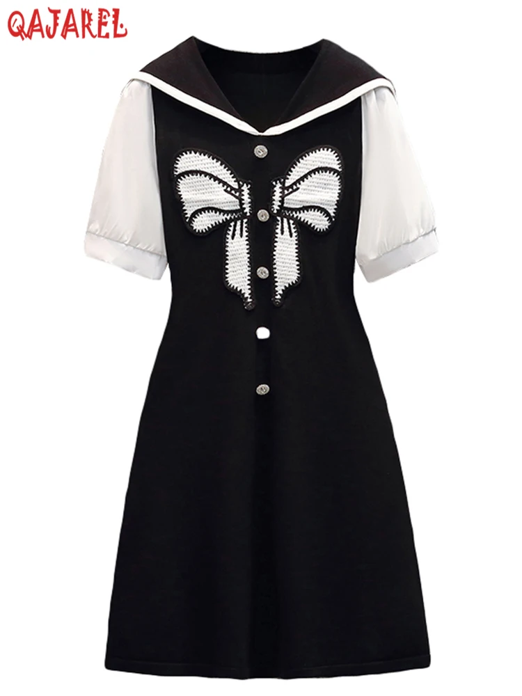 

2023 Women's Patchwork Bow Appliques Fashion Dress Korean Casual Sailor Collar Elegant Midi Dress Fake Two Pieces Bodycon Dress